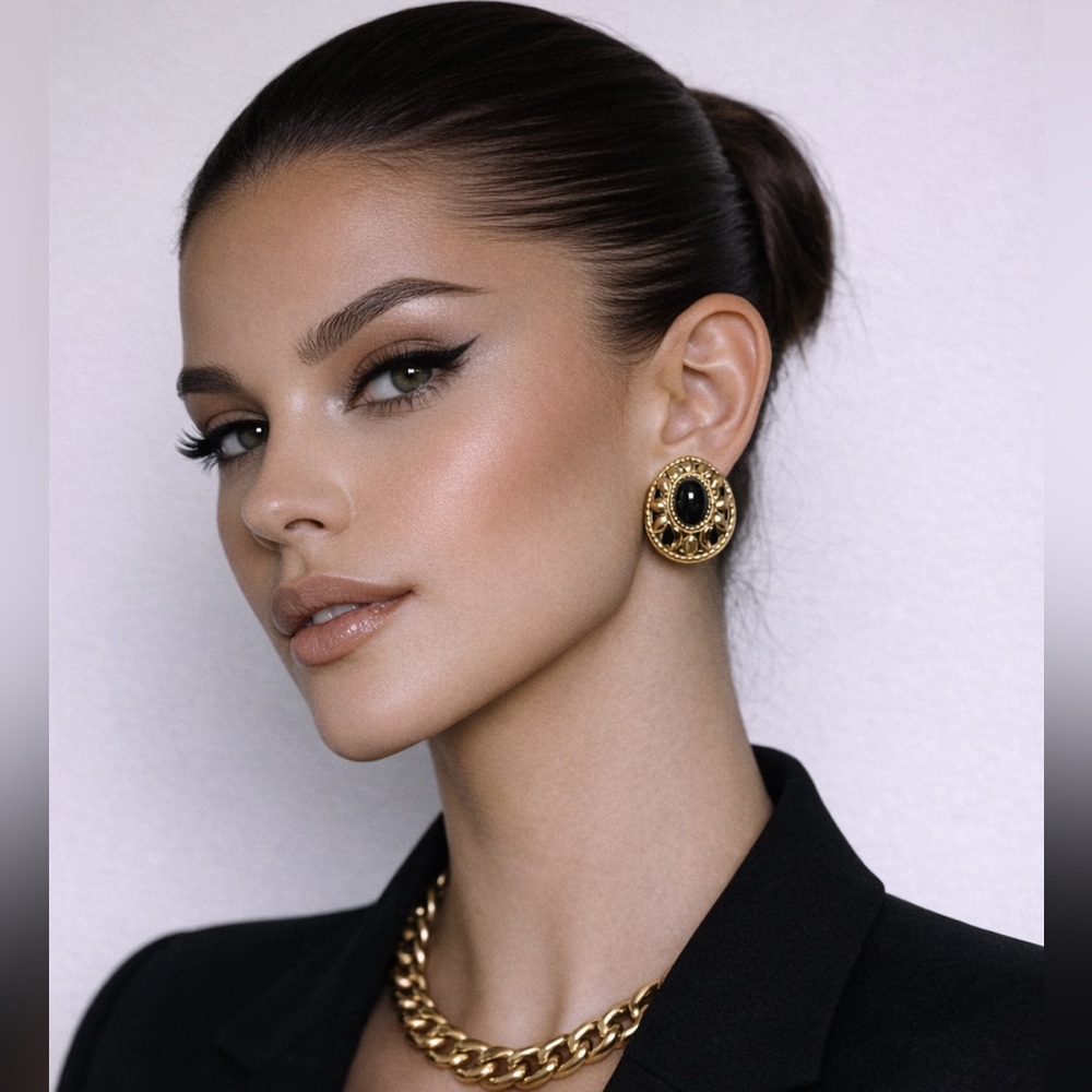 Vintage Gold Tone Black Cabochon Earrings Ornate Statement Stud